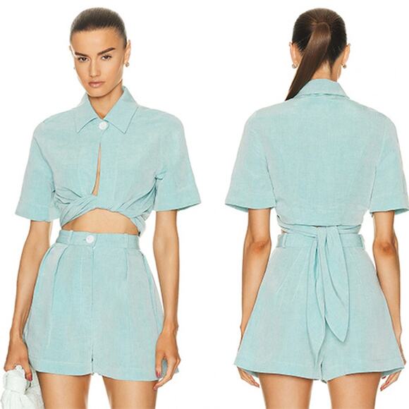 NWT Matthew Bruch Linen Collared Wrap Tie Crop Top in Seafoam Size: XS
